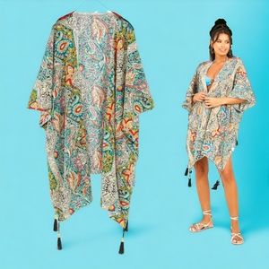 New! Yellow & Green Boho Paisley Kimono Tassle Cover up